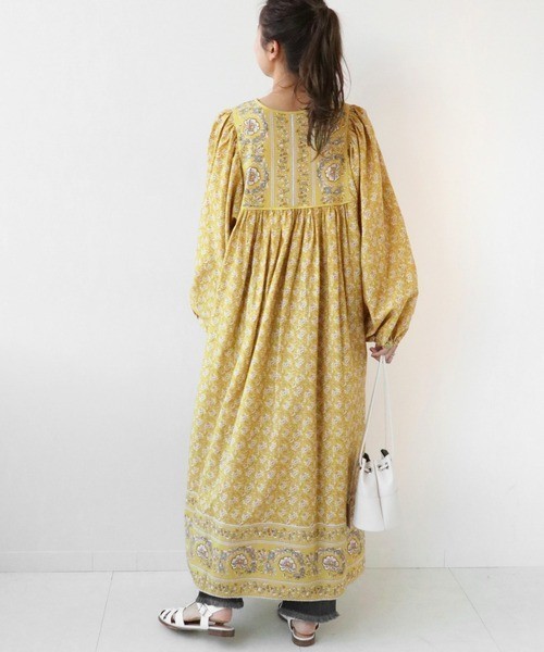 Japan womens cotton blend floral panel print dress yellow Journal Standard