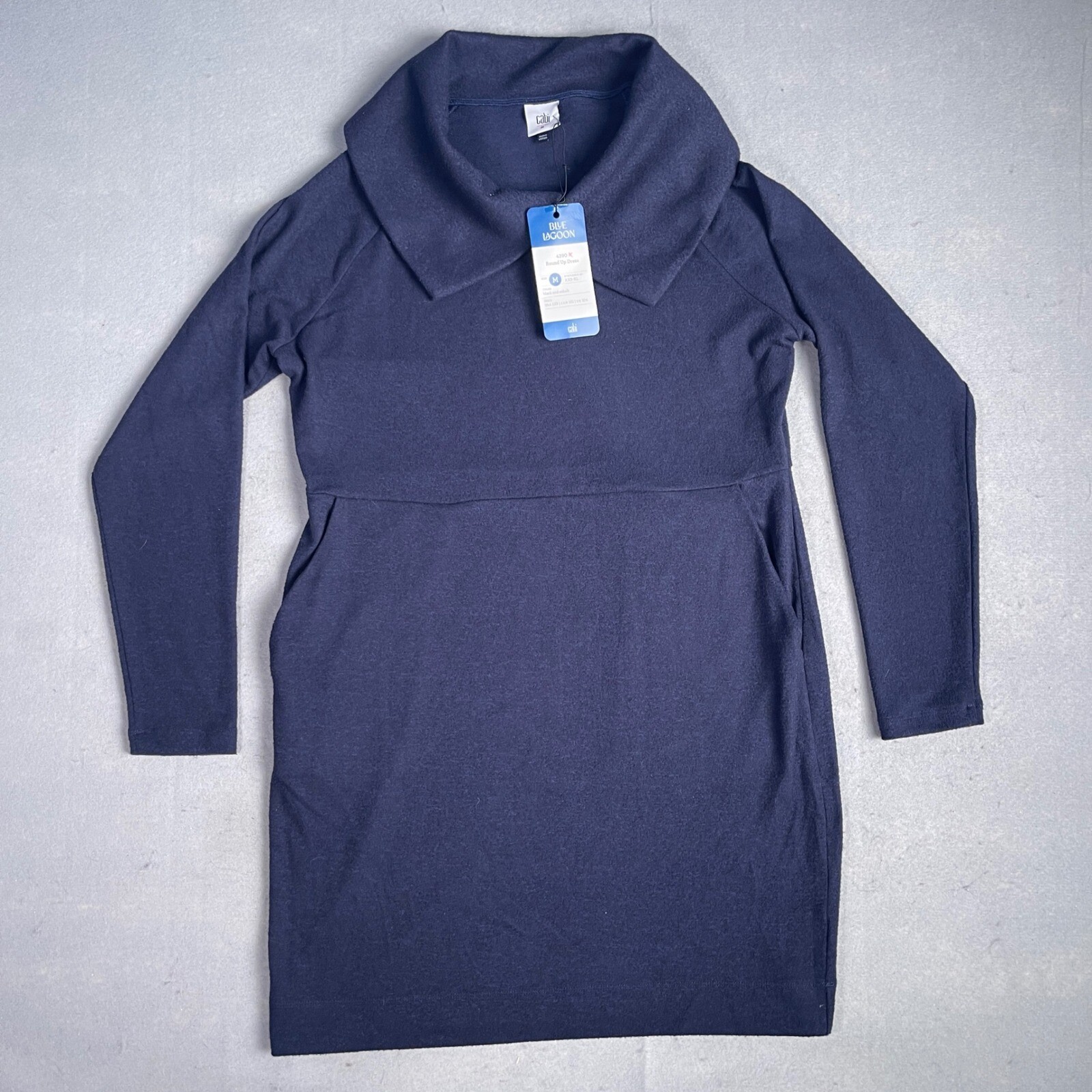 Cabi Round Up Dress Funnel Neck Long Sleeve Pockets Black Cobalt Blue M