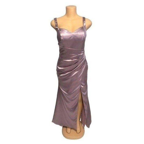 Satin Ruched Sweetheart Neckline Maxi Dress High Slit Formal Evening Gown Size 8