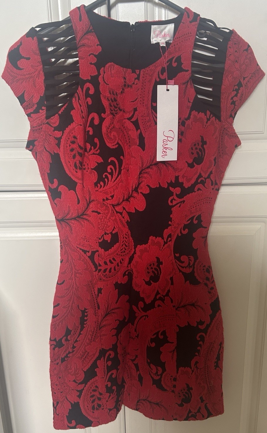 Parker NY Sz XS Red Black Baroque Short Sleeve Bodycon Mini Dress NWT $308