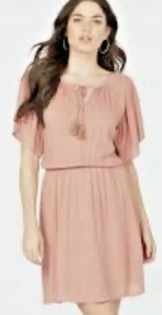 NWT JUSTFAB $56 M Pink Mauve Flowy Dress Short Flutter Sleeve Tassels boho Gauze