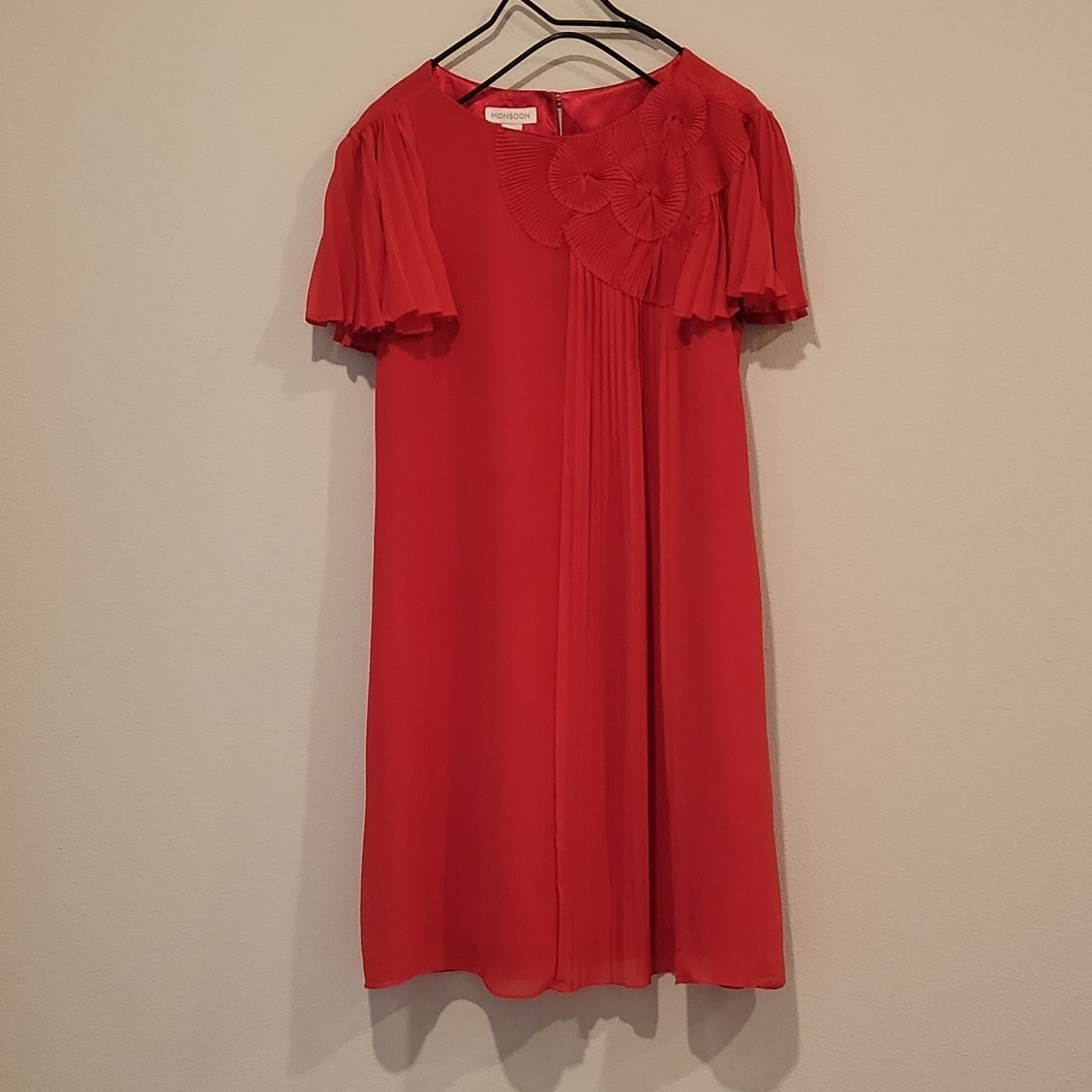 Monsoon Red Polyester Chiffon Pleated A-Line Flutter Sleeve Dress US 6