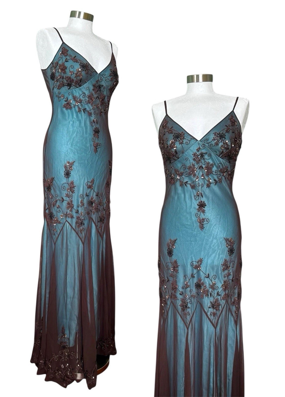 Vintage Y2K Silk Mermaid Blue Adrianna Papell Wedding Formal Beaded Dress Size 6