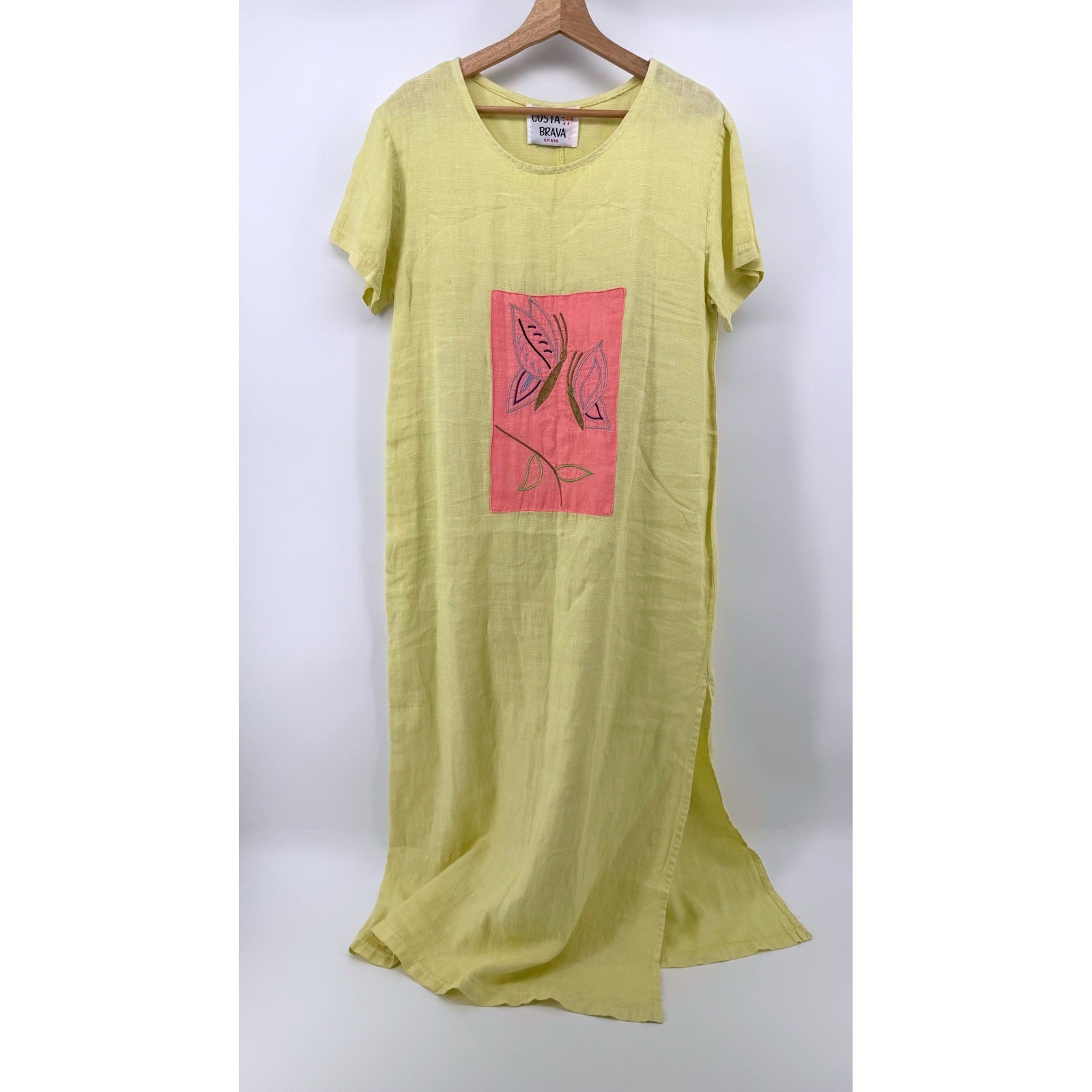 Costa Brava Spain Yellow Linen Lagenlook Maxi Tunic Dress Butterfly Short Sleeve