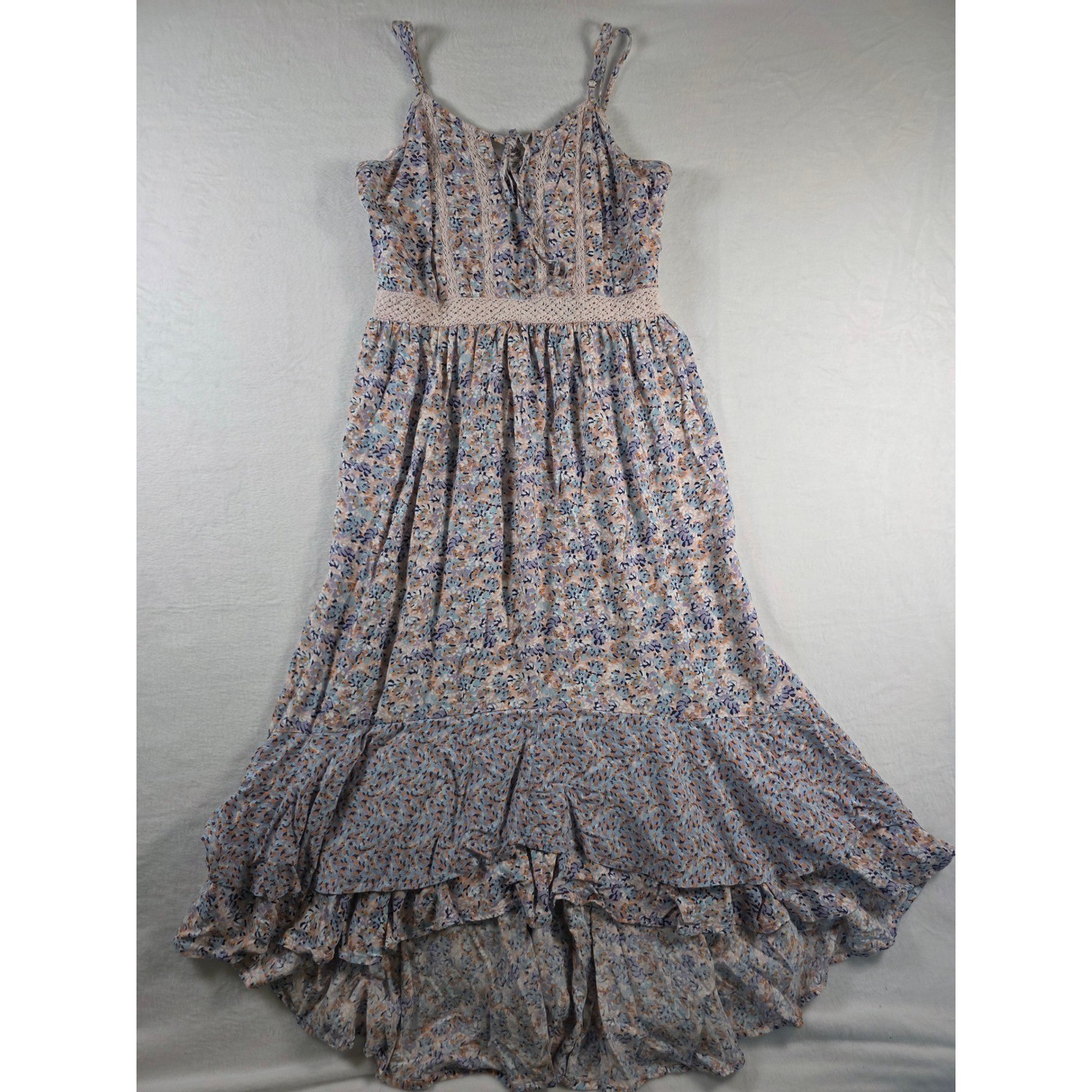 Floral Maxi Dress Crochet Ruffle Hem Large Pink Blue Boho Summer Cottagecore
