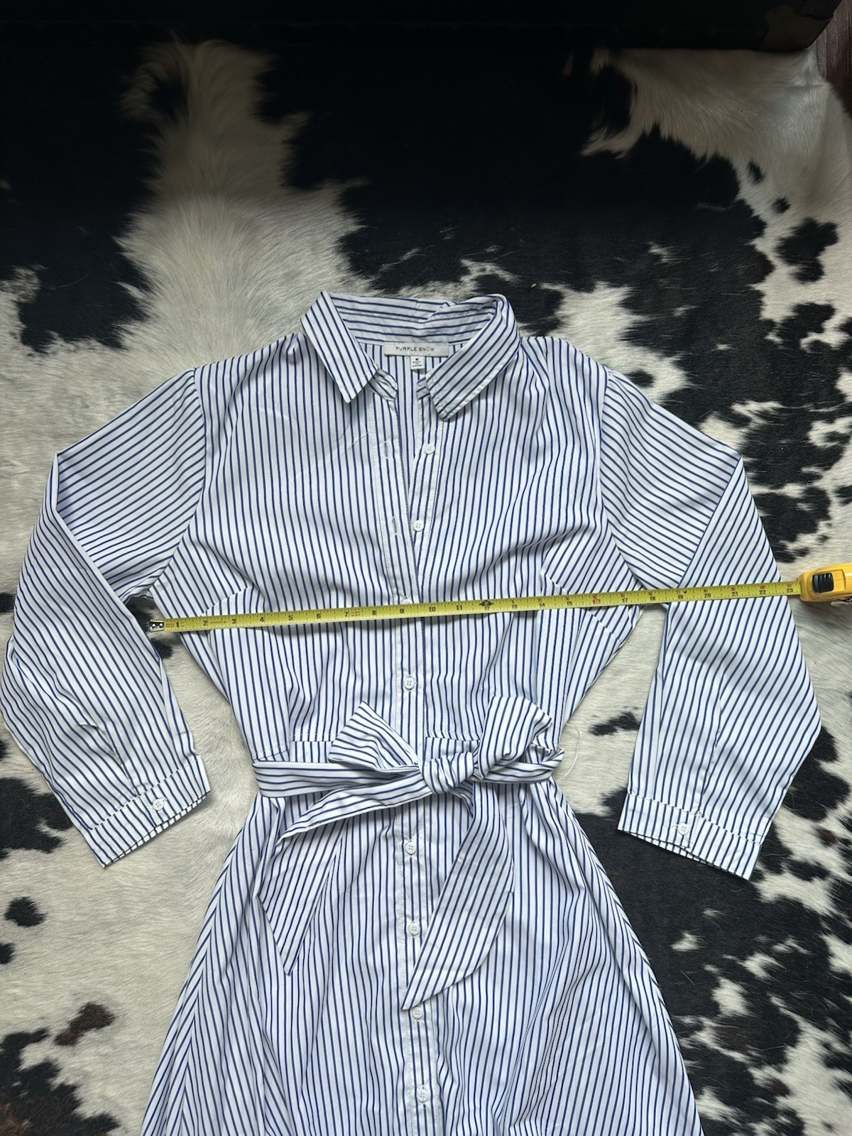 Striped Button-Front Maxi Shirt Dress w/Tie Waist Blue White 3/4 Sleeve Nautical