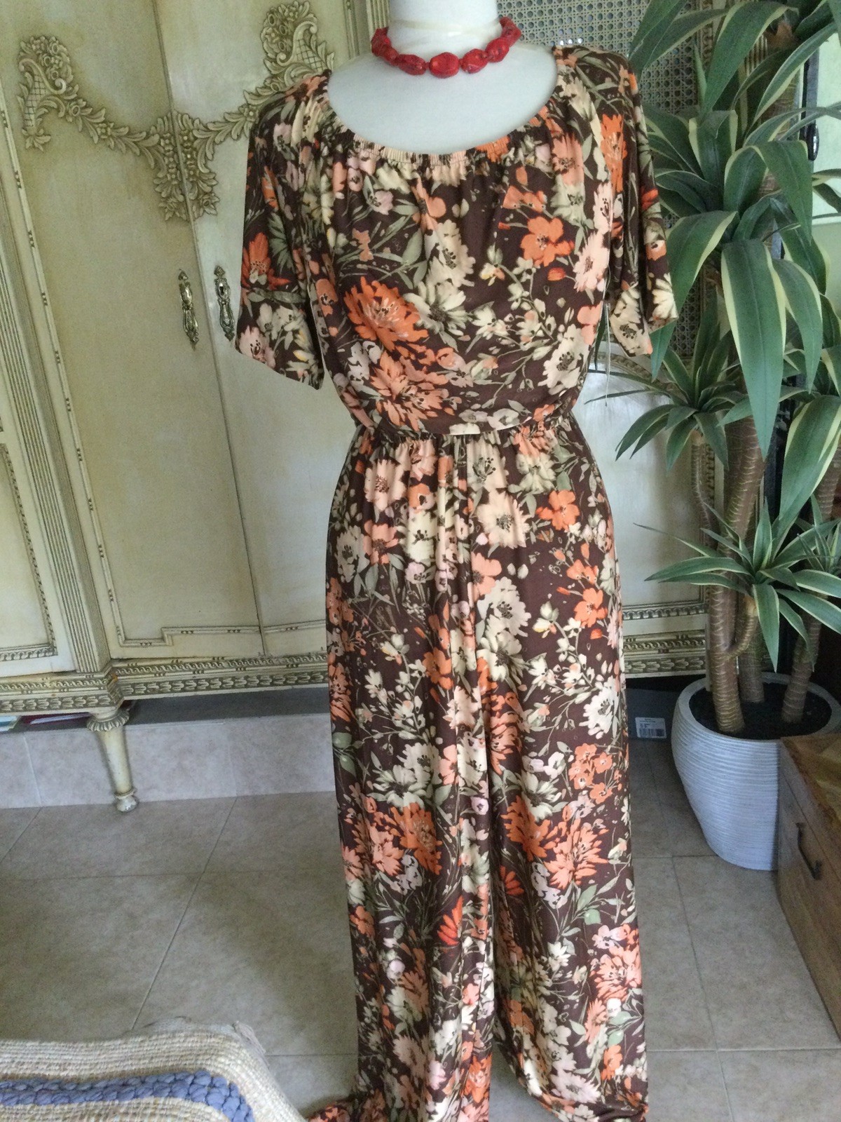NWT Tacera Woman Multi Earthy color flowered Jumper wide leg pant Dress size L