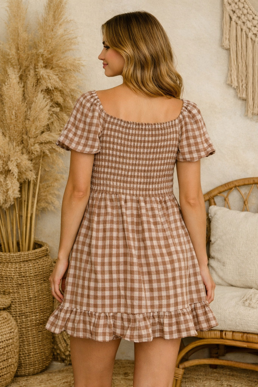 Ghanda Brown & White Gingham Mini Dress XS AU 6–8 Boho Cottagecore Summer