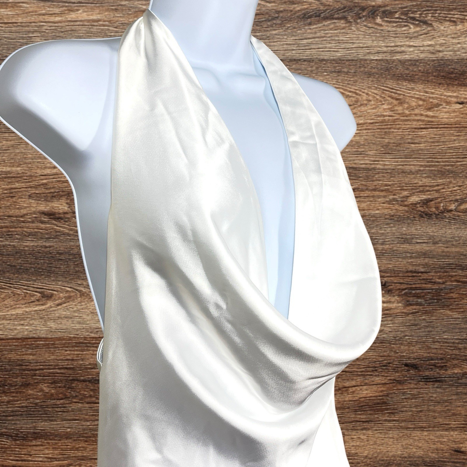 Norma Kamali Halter Drape Bias Gown Size XS White Satin Fishtail Hem Bridal Gala