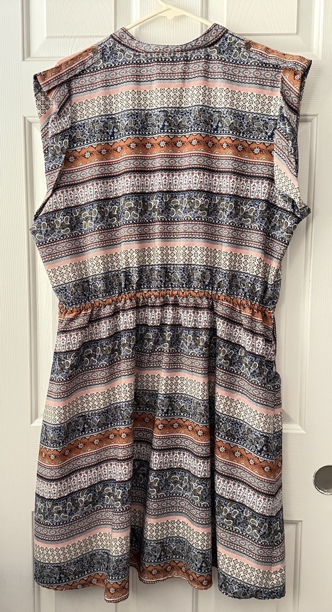 speed control 3X boho paisley stripe multi short sleeve cinch waist button dress