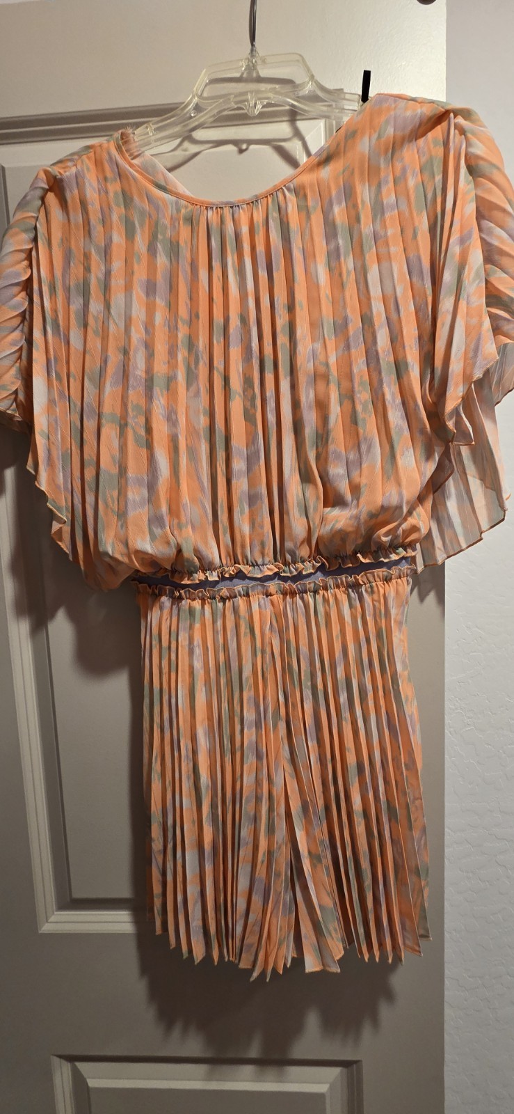 Maje Abstract Pleated Flutter Sleeve Dress Chiffon Orange,purple, Green M Size