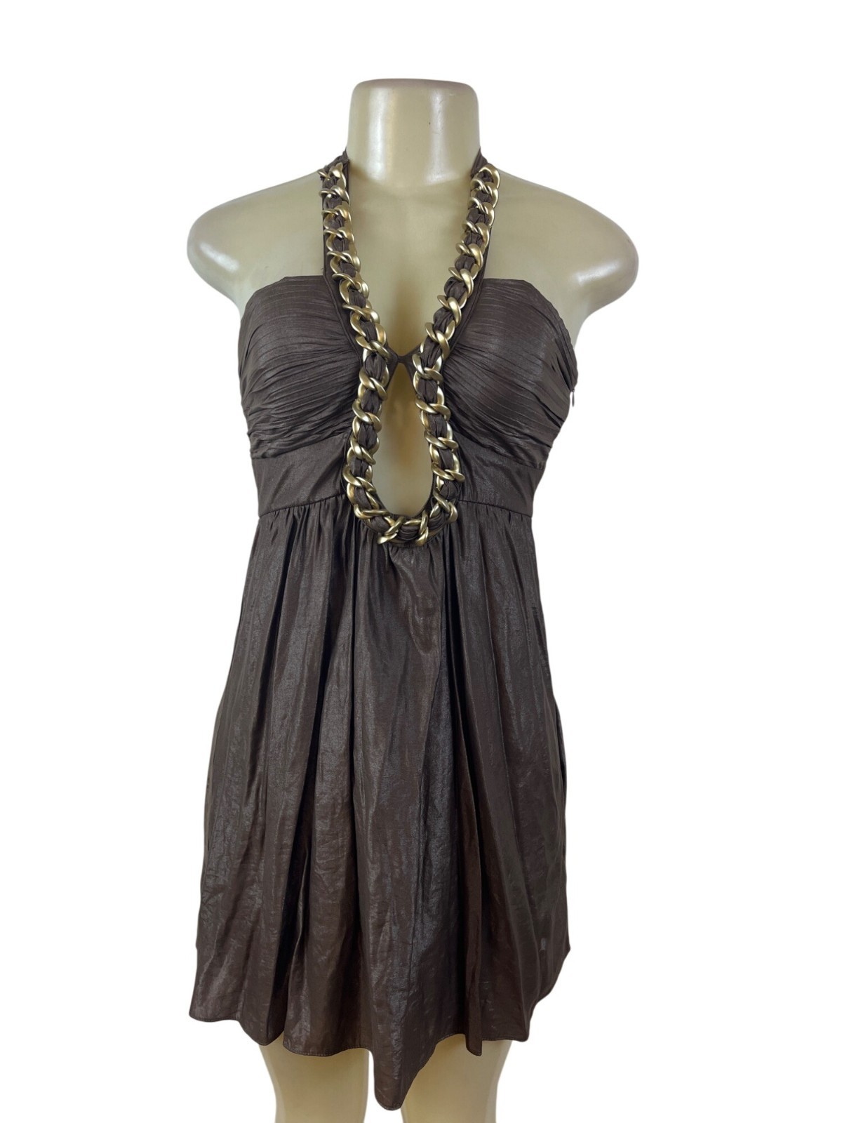 Verdict Brown Chain Halter Dress Women’s Sleeveless Open Front Ruched Sz S