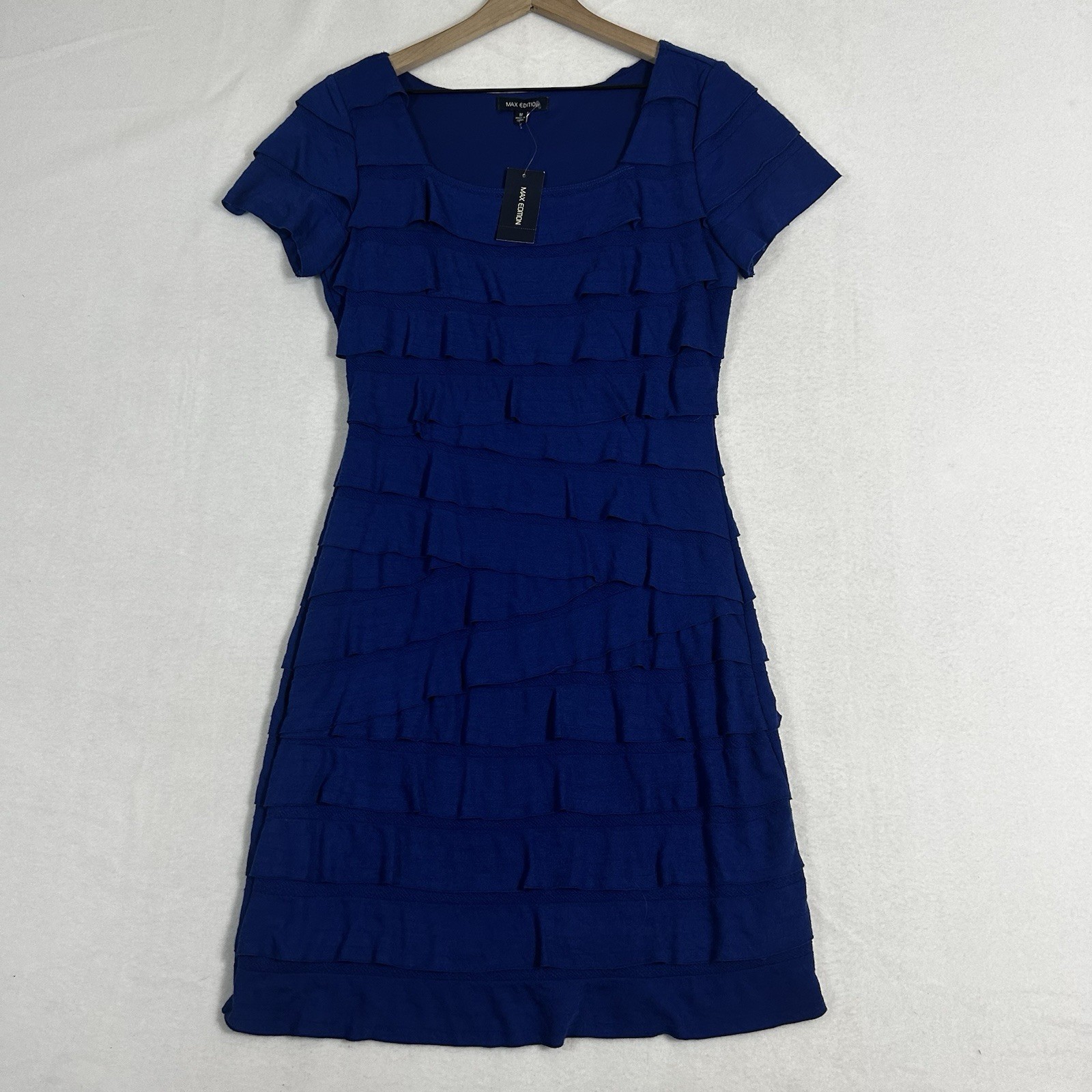 Max Edition Womens M Blue Ruffled Short Sleeve Dress Casual NWT $118