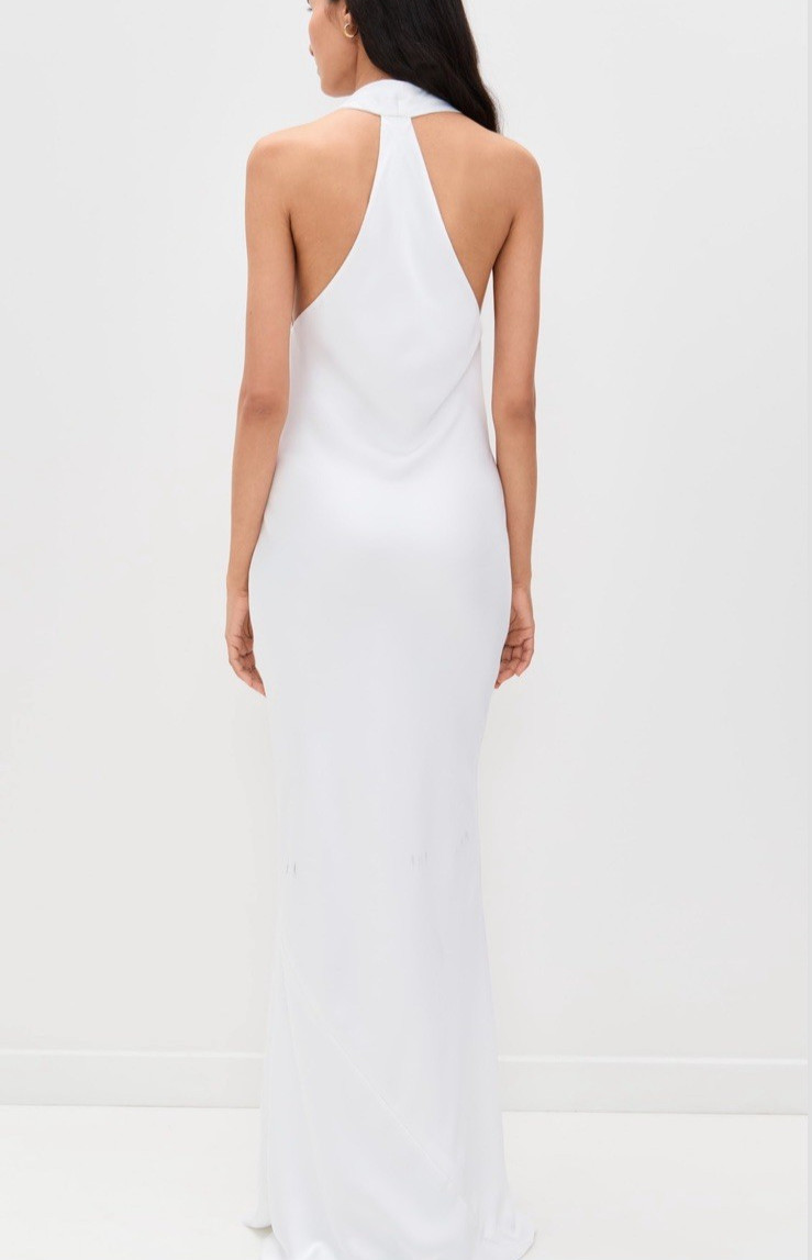 Norma Kamali Halter Drape Bias Gown Size XS White Satin Fishtail Hem Bridal Gala