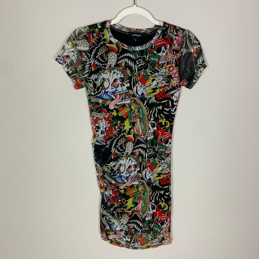 Ed Hardy Tattoo Print Mesh Mini Dress Womens Small Ruched Skull Cyber Grunge