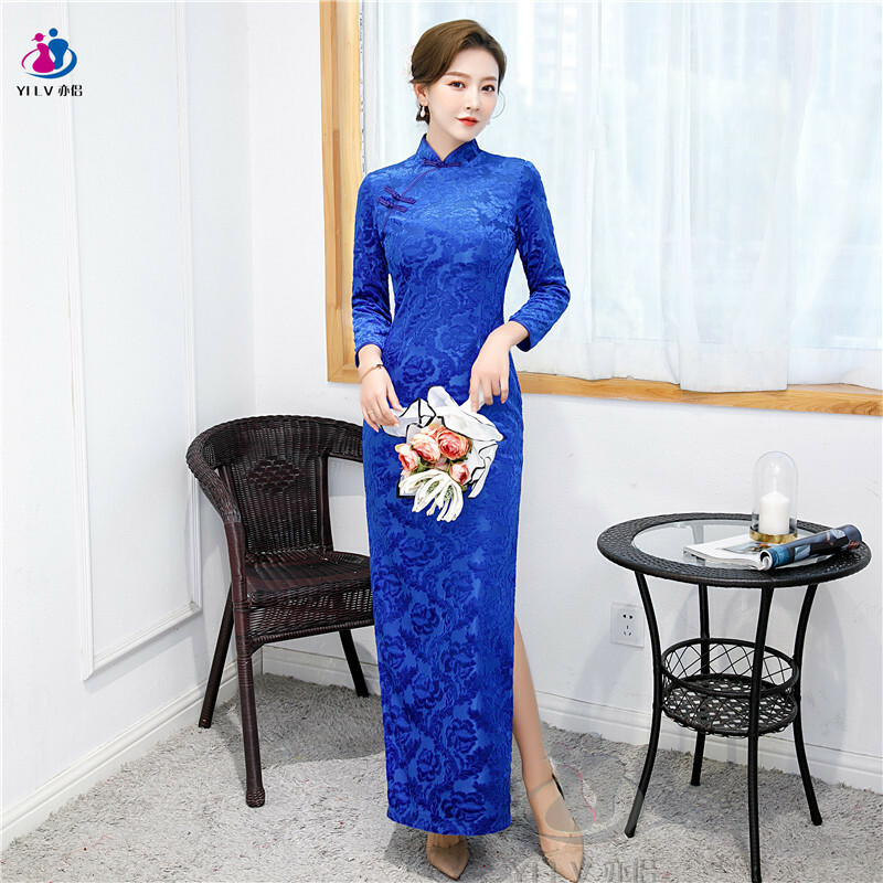 Women Velvet Dress Chinese Traditional Long Cheongsam Prom Qipao Size S to 5XL