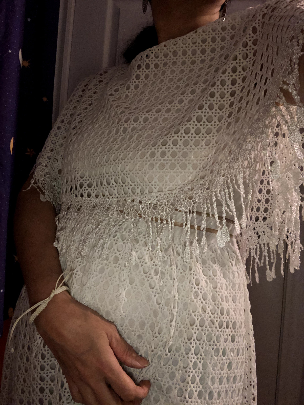 White Crochet Short Dress with Frange Capelet Acrylic S/M Fringe Boho