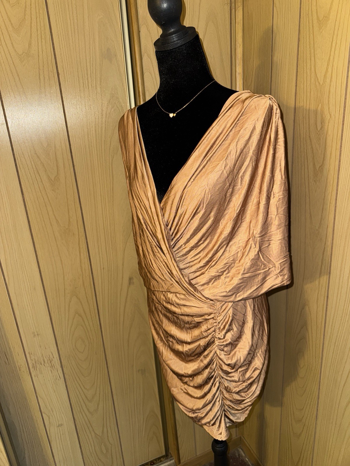 Boston Proper Bronze Ruched Satin Cocktail Dress | Draped V-Neck | Party Wedding