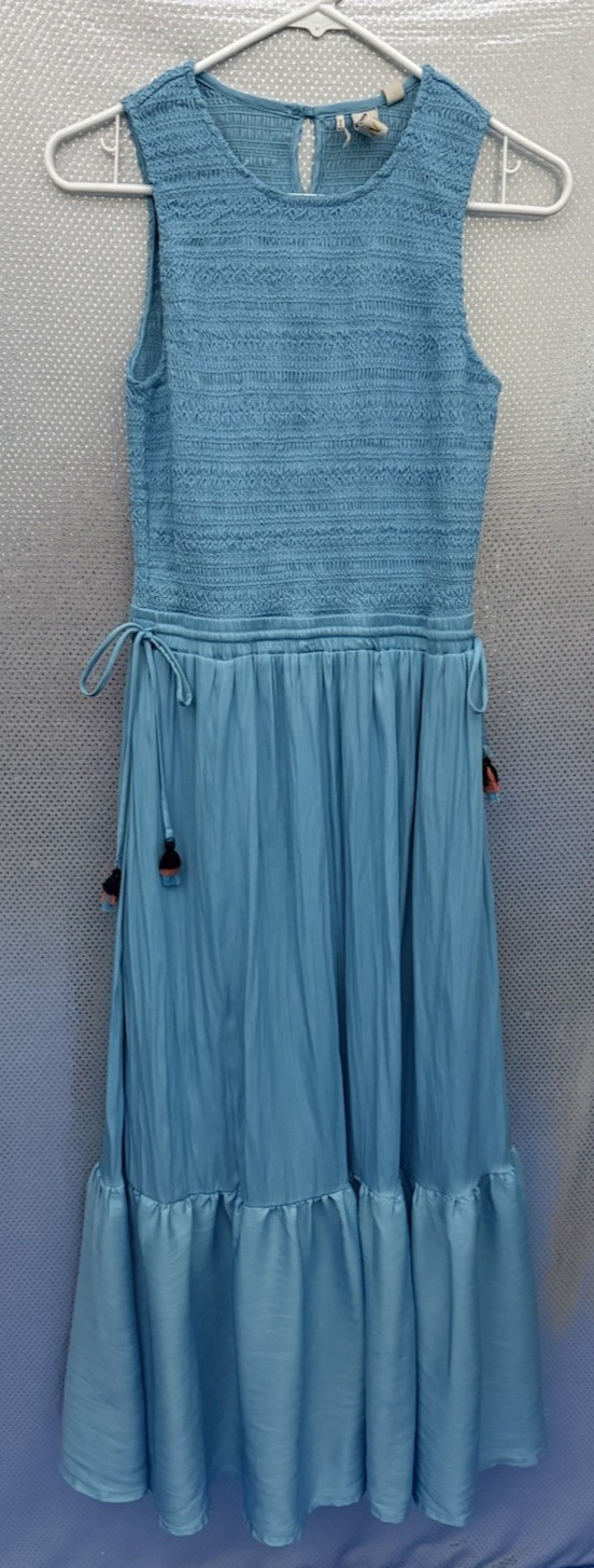 Dolan Dress Womens Sz S Blue Smocked Sleeveless Tiered Tassle Accents Boho