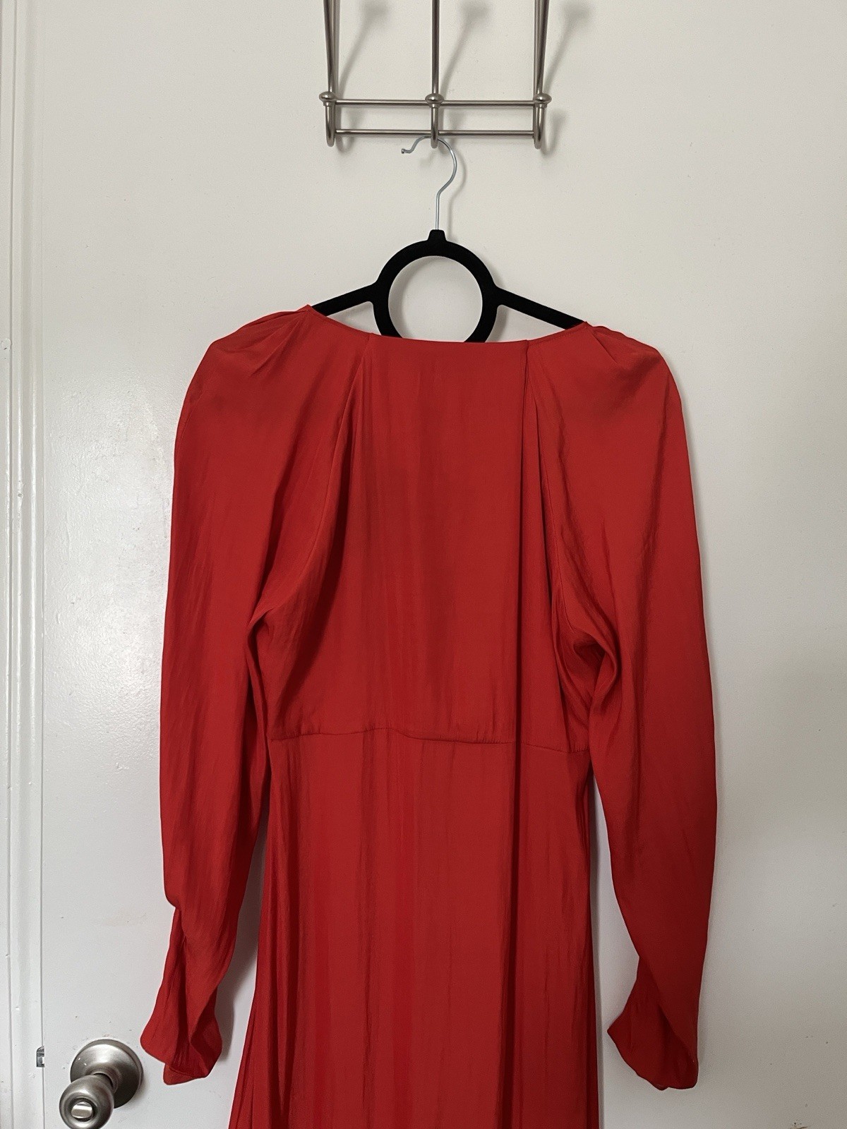 Banana Republic Red Solid V-Neck Pleated Bishop Long Sleeve Maxi Dress 6