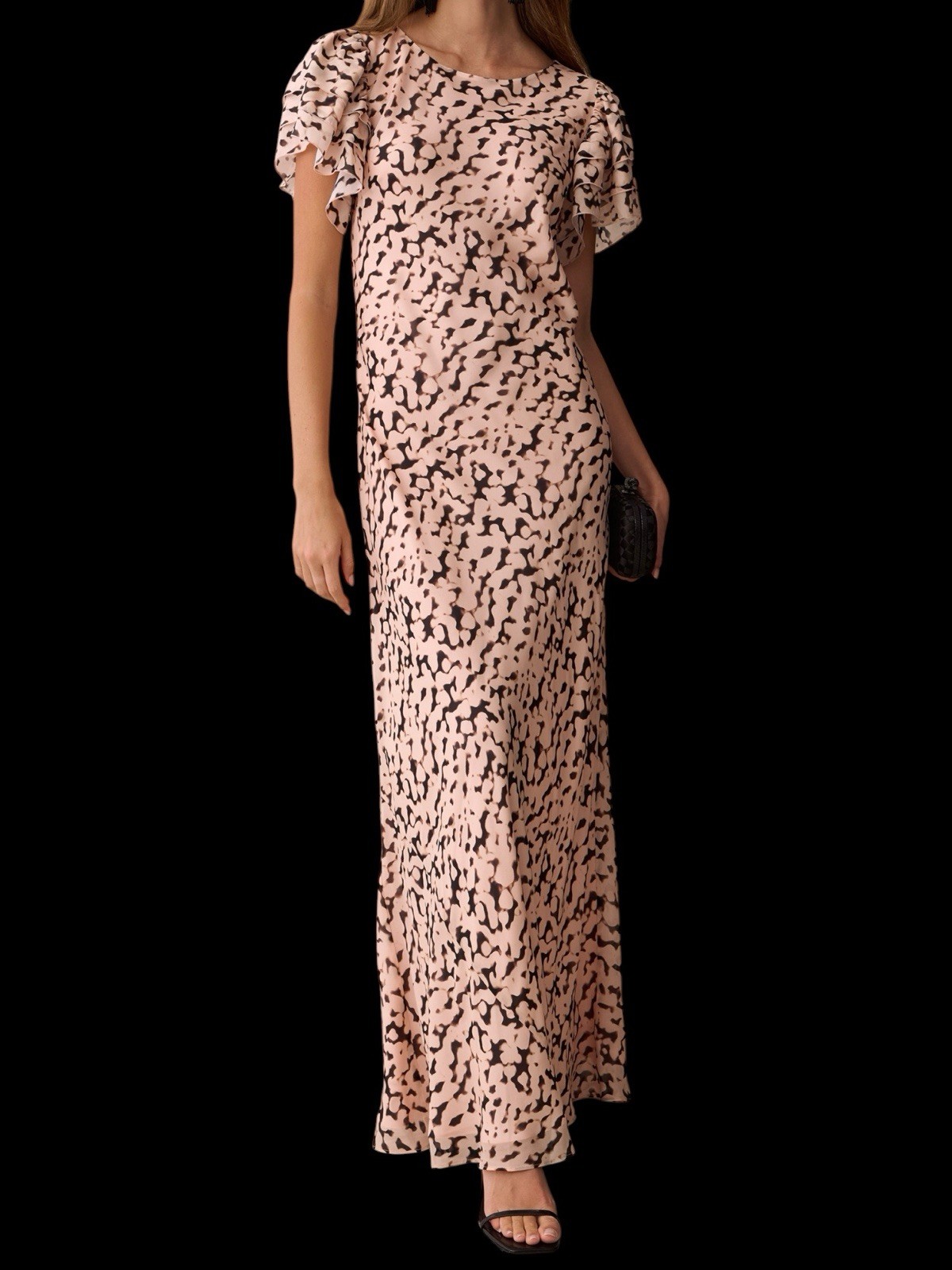 O.P.T. Few Moda Leonor Silk Dress Pink Peach Brown Flutter Sleeve Maxi NWT