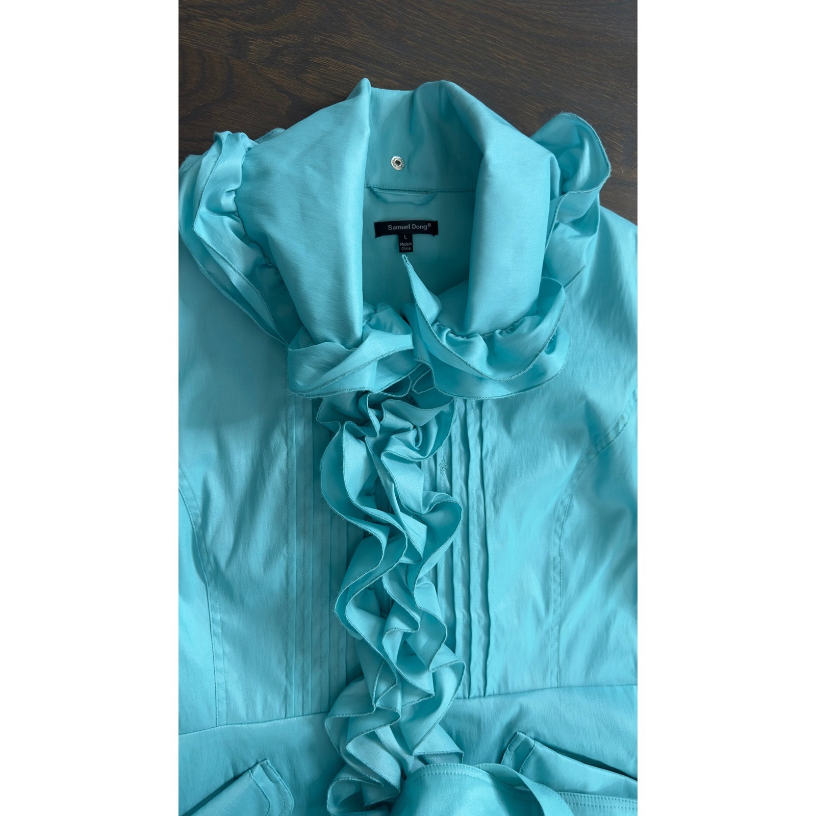 Samuel Dong Aqua Blue Ruffle Trimmed Belted Trench Coat Unique L