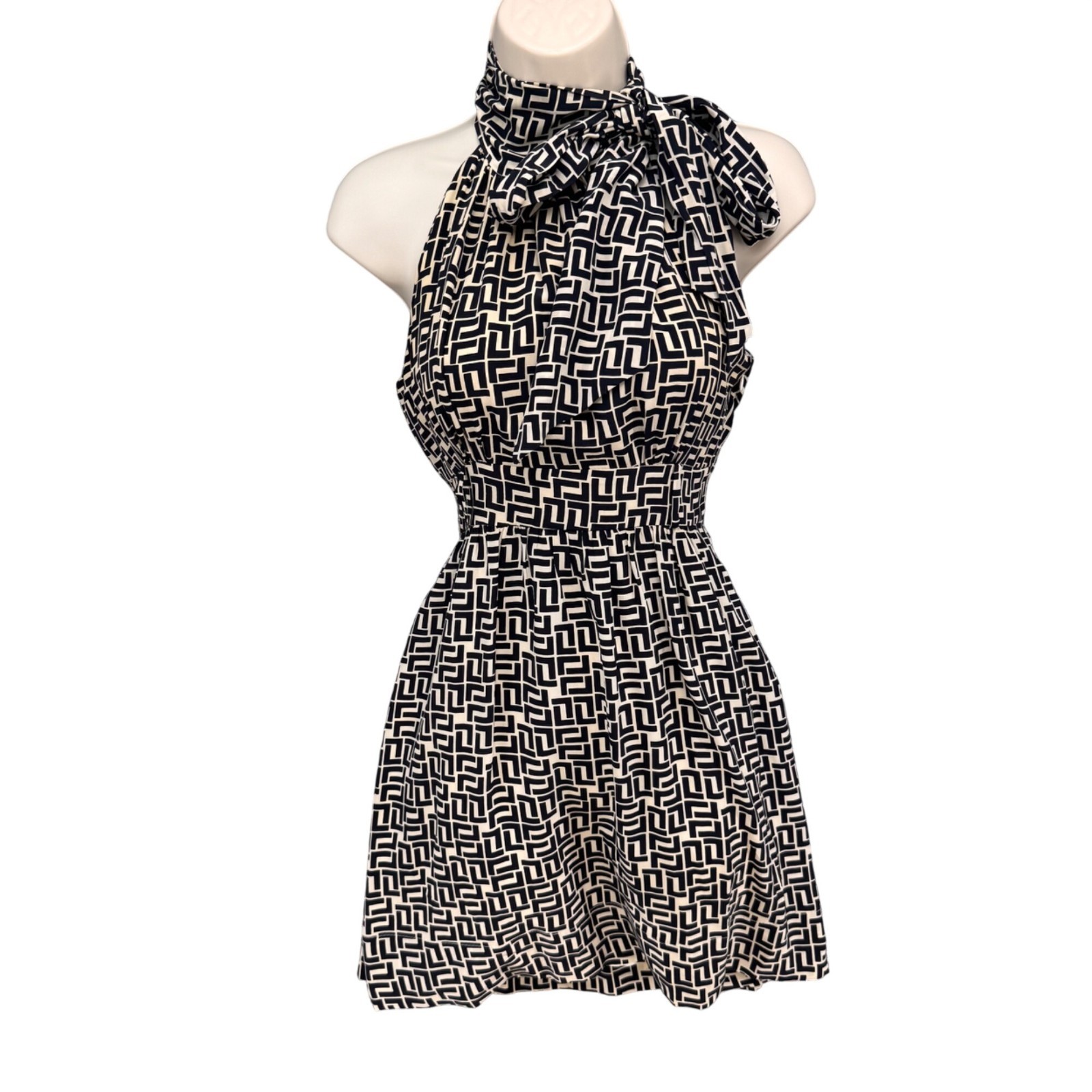 Shoshanna Silk Halter Mini Dress Black Cream Geometric Tie Neck Fit Flare Size 0
