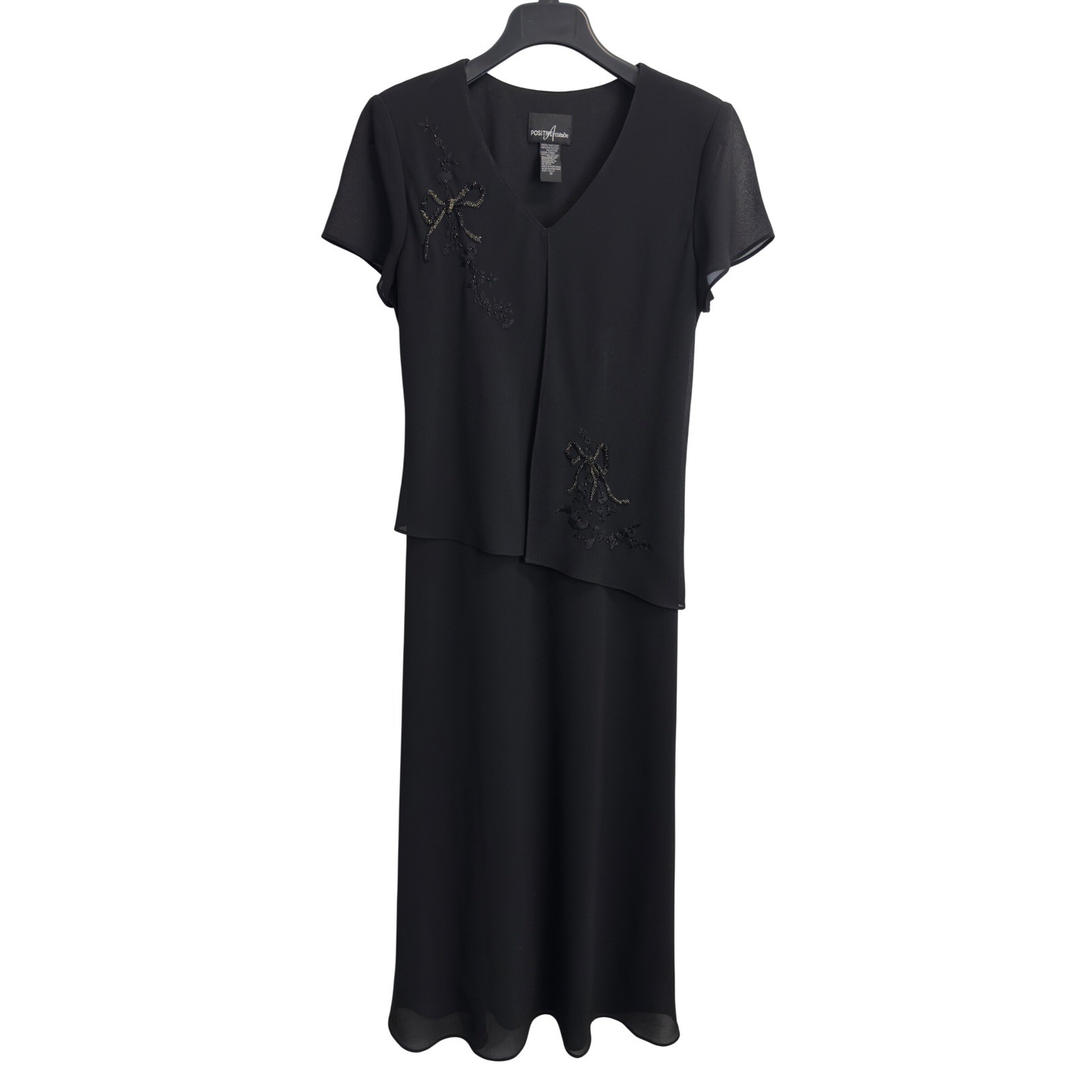 Positive Attitude Womens Black Beaded Bow Midi Dress Mock Two Piece Size 12