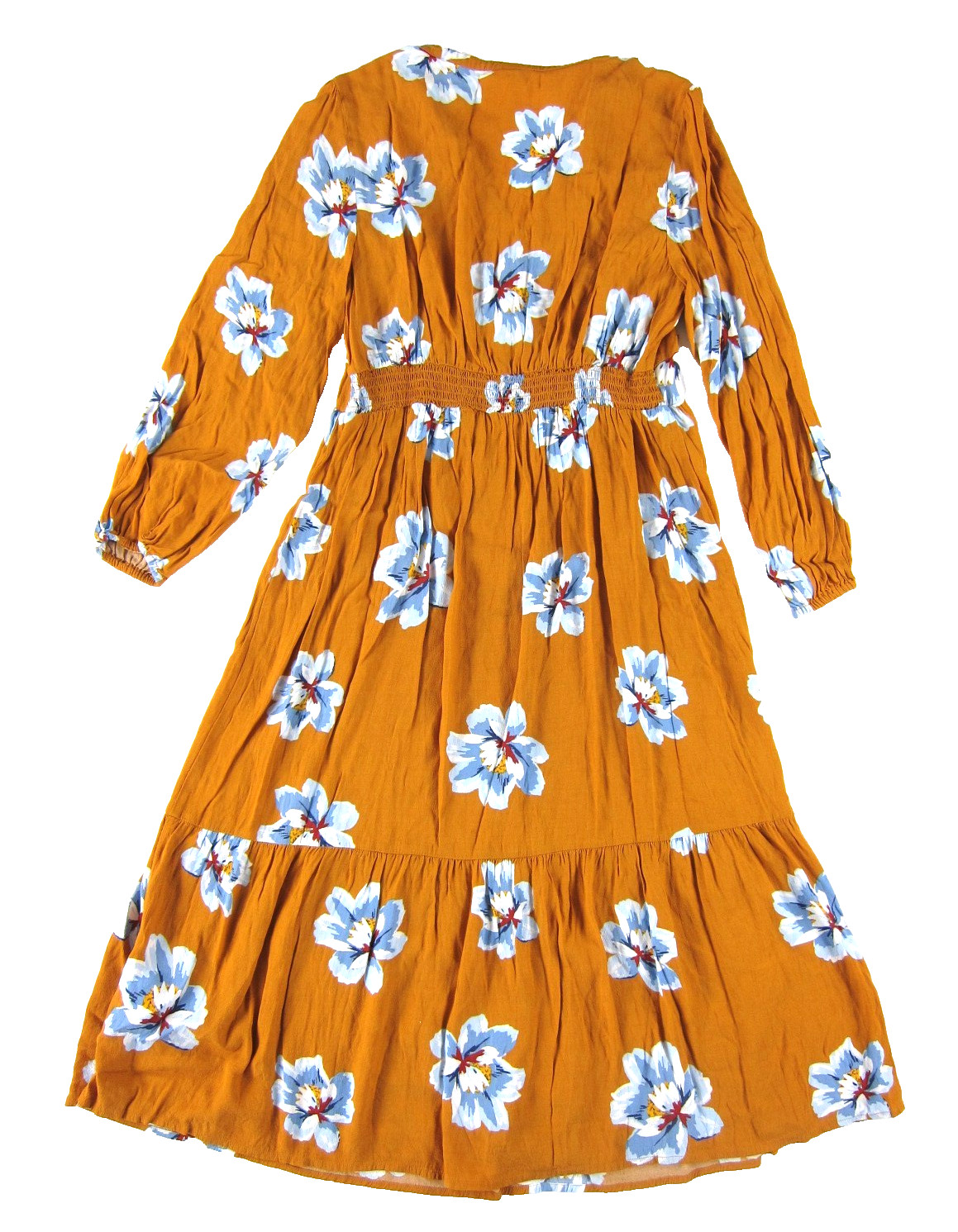 Old Navy Orange Blue White Floral Rayon Long Sleeve Tiered Maxi Smock Dress Med