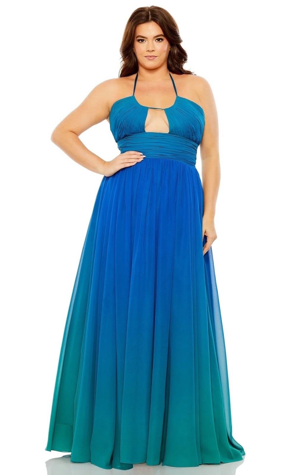 NWT Mac Duggal 16W 77017 Ombré Chiffon Gown Long Plus-Size Wide Keyhole Halter