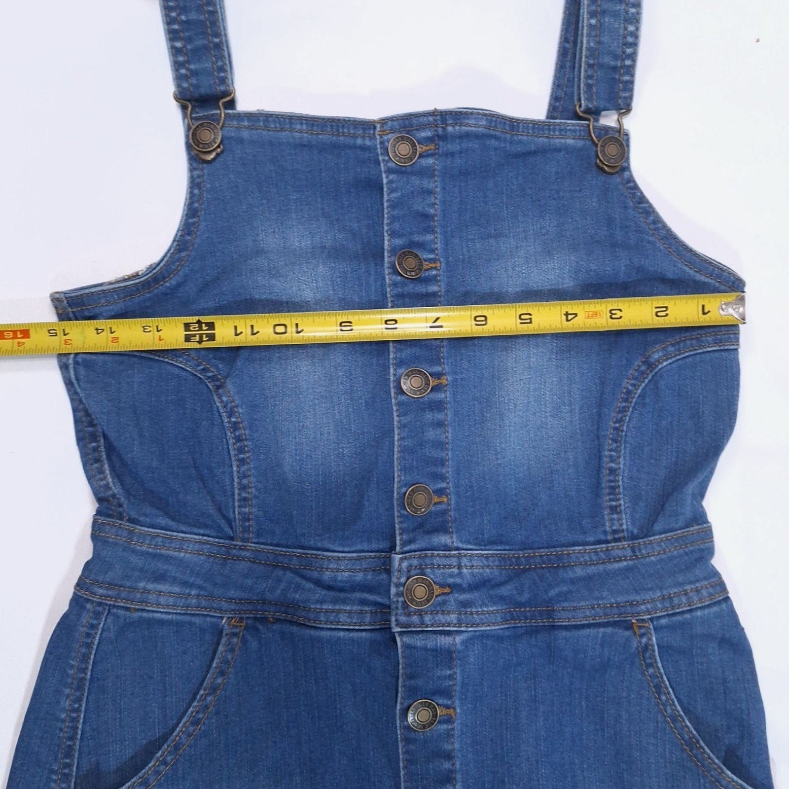Wax Jean Button Front Denim Overall Mini Dress M Wash Blue Pinafore Raw Hem Y2K