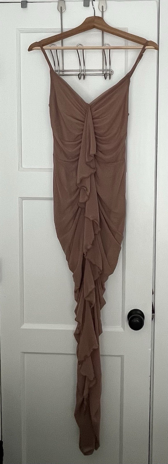 Womens Brown Ruched Ruffle Mesh V-Neck Bodycon Long Dress SheinM Lined StretchG5