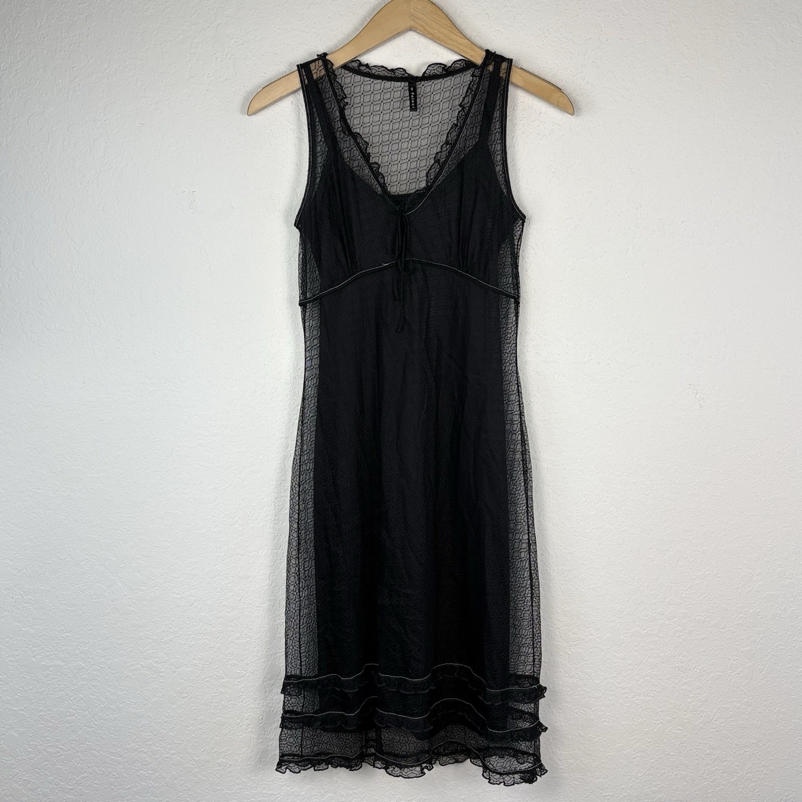 Vtg Y2K Poleci S Babydoll Slip Dress Midi Black Sheer Whimsigoth Witchy Prairie