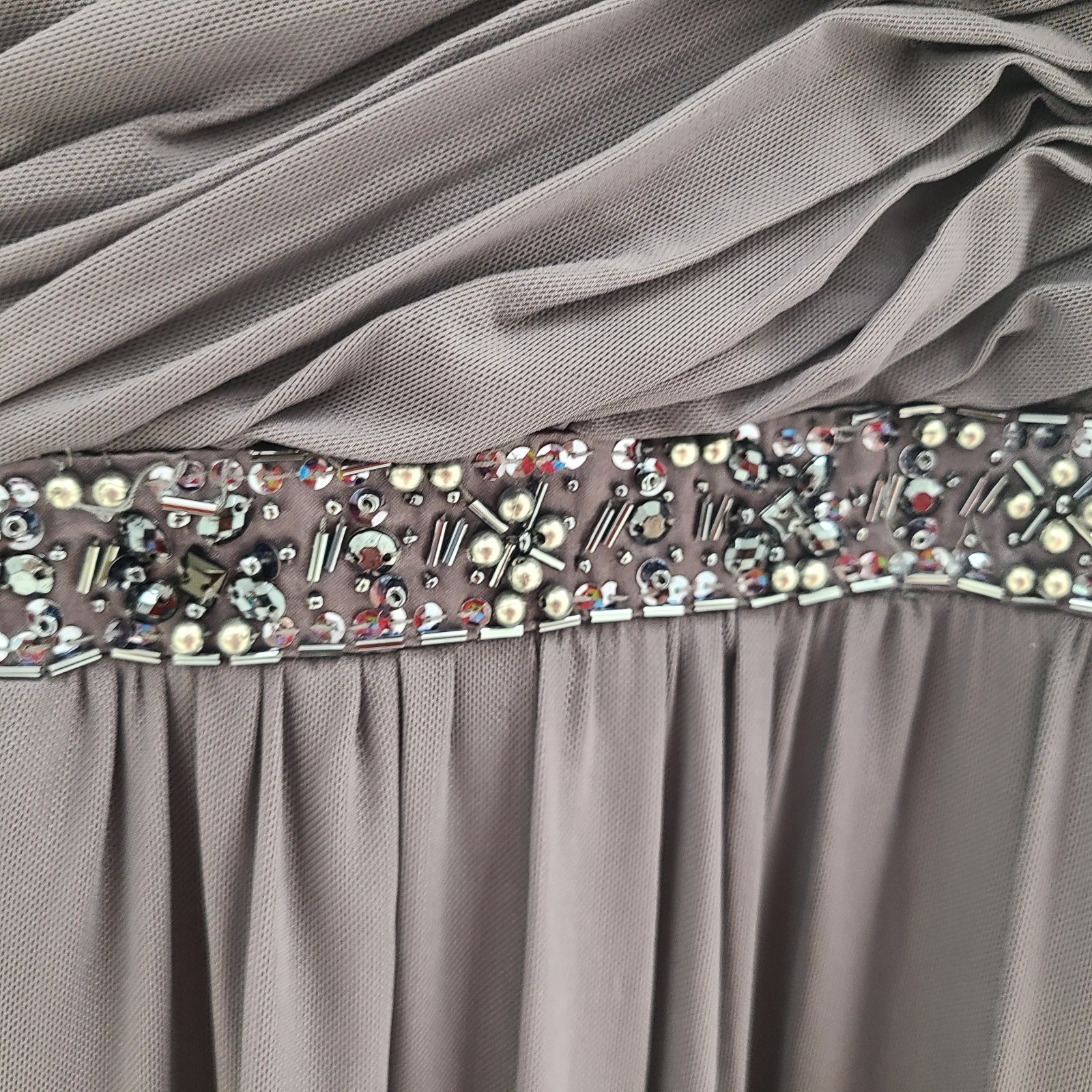 Decode 1.8 Cap Sleeve V Neck Gray Beaded Maxi Long Formal Gown Dress- Size 16