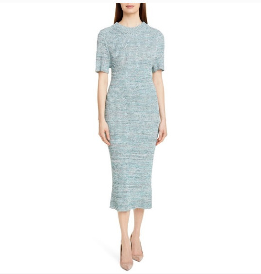 HUGO BOSS FIRSTANA SHORT SLEEVE KNITTED MULTI COLOR MOULINE FABRC MIDI DRESS L