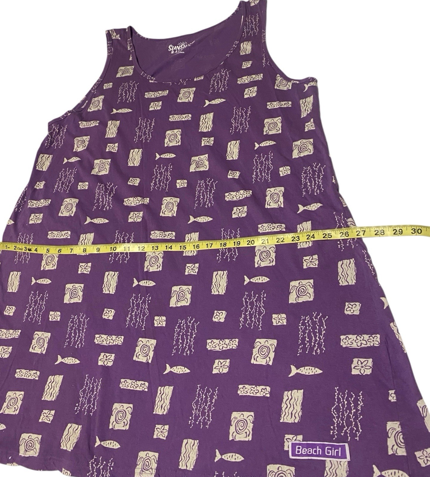 Sunshine Raised Novelty Fish Tunic Mini Dress L/XL Purple 100% Cotton Beach Girl