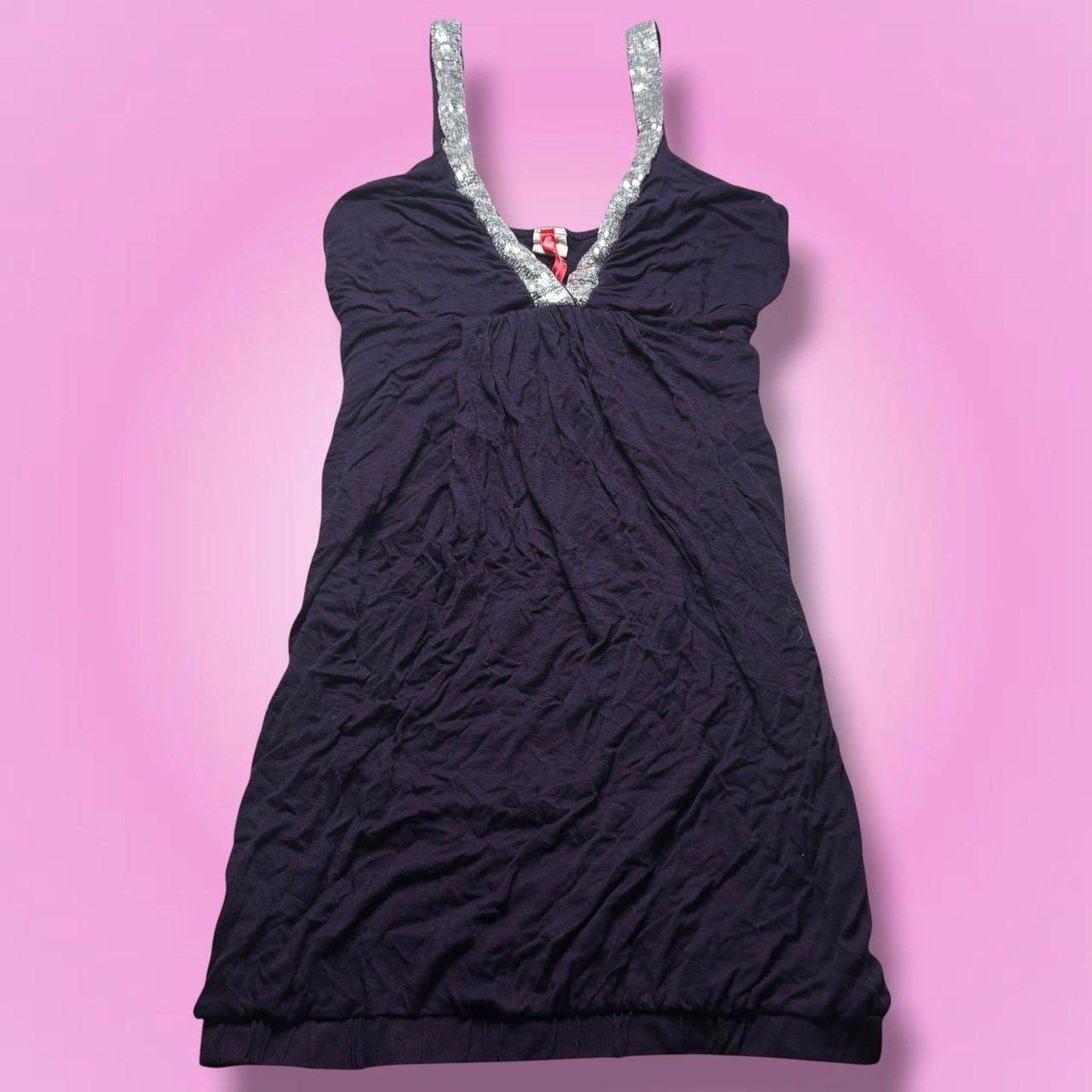 Y2K Love Culture Dark Purple Sequin Trim Ruched Bubble Hem Mini Dress