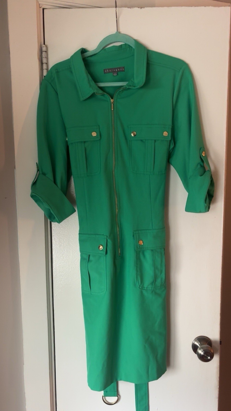 Sharagano Women’s Green Solid Shirt Dress 16 Zip Belted Pockets Collared