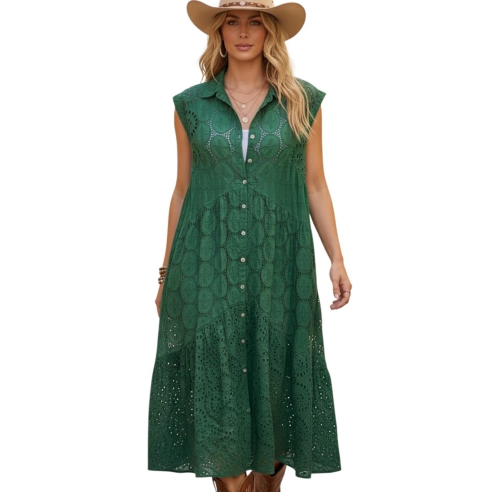 Jaded Gypsy Sleeveless Kelly Green Eyelet Button-Front Midi Dress L/XL