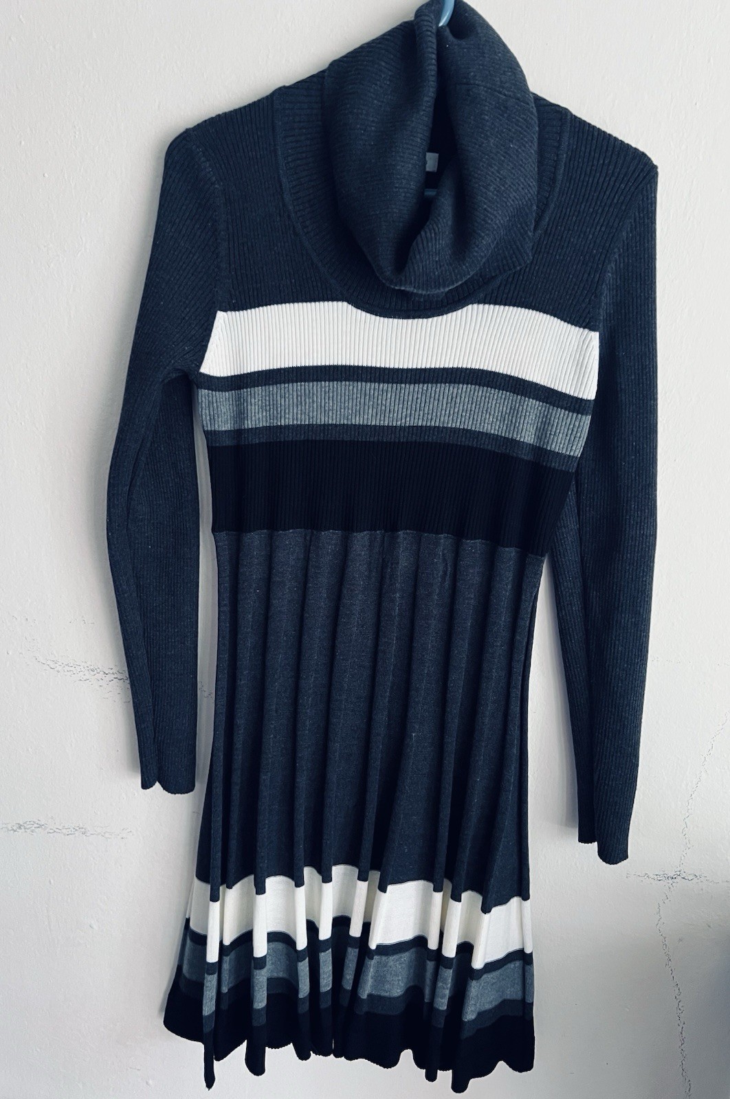 Calvin Klein Fit & Flare Dress Black Gray White Striped Cowl Neck L