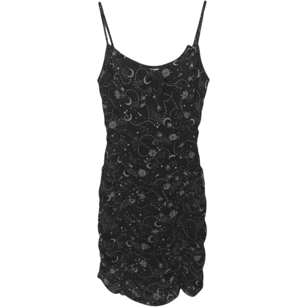 Celestial Mini Dress Womens Medium Black Festival Ruched Bodycon Stars Witchy