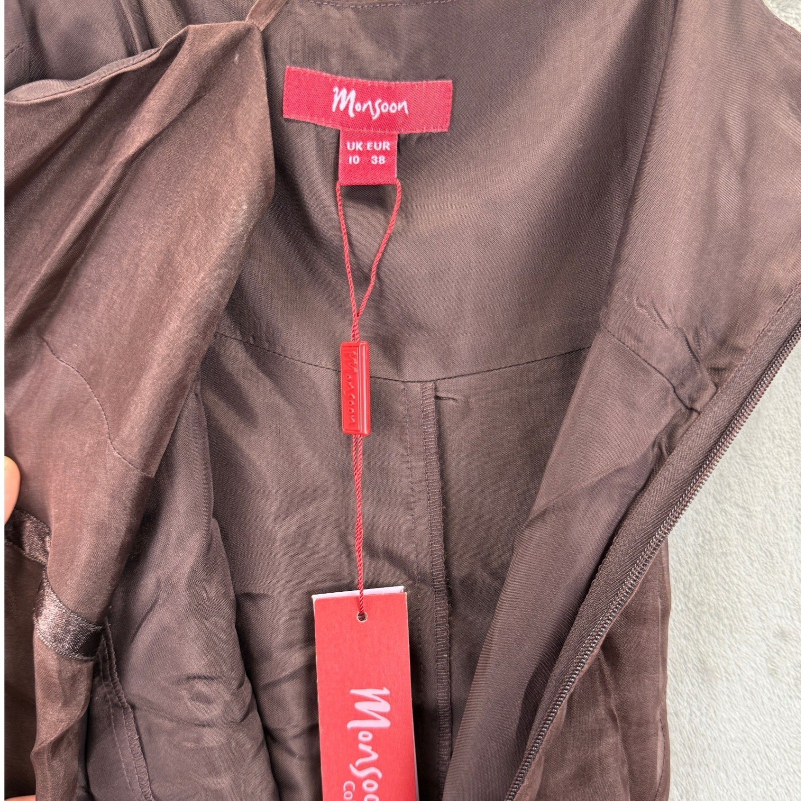 Monsoon Kimberley Chocolate Brown Silk Blend Embroidered Midi Dress UK 10 EUR 38