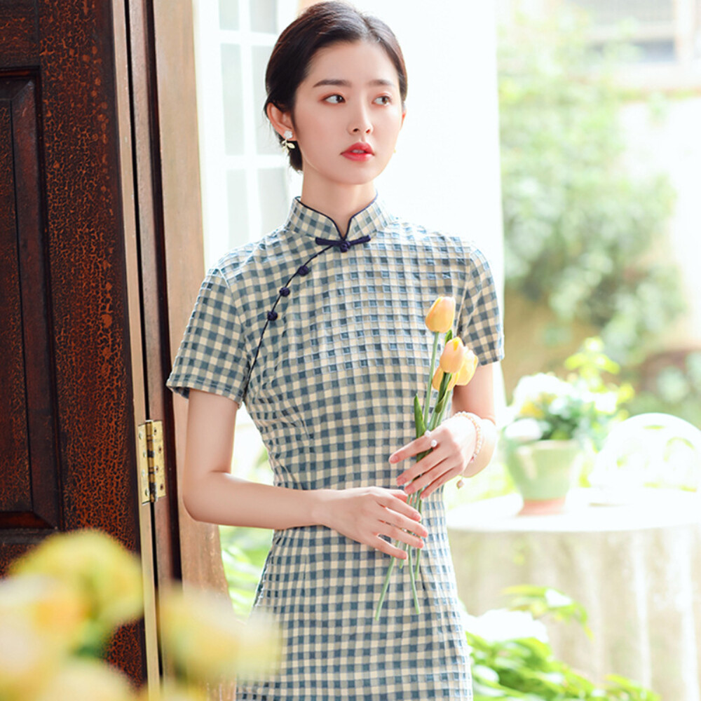 Chinese Traditional Cheongsam Check Midi Qipao Dress Oriental Gown Sweet