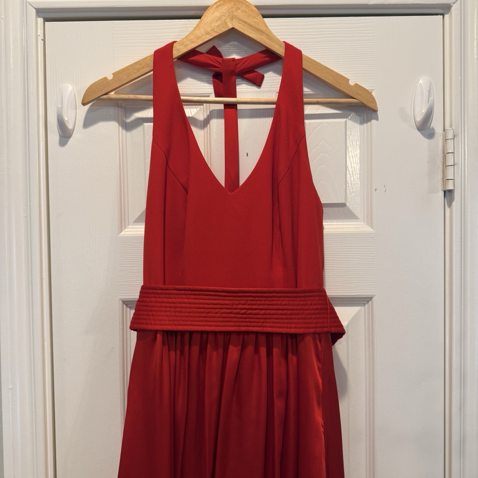 WHITE by Vera Want Halter Long Dress Red Satin Belted Slit Bow Occasion Formal