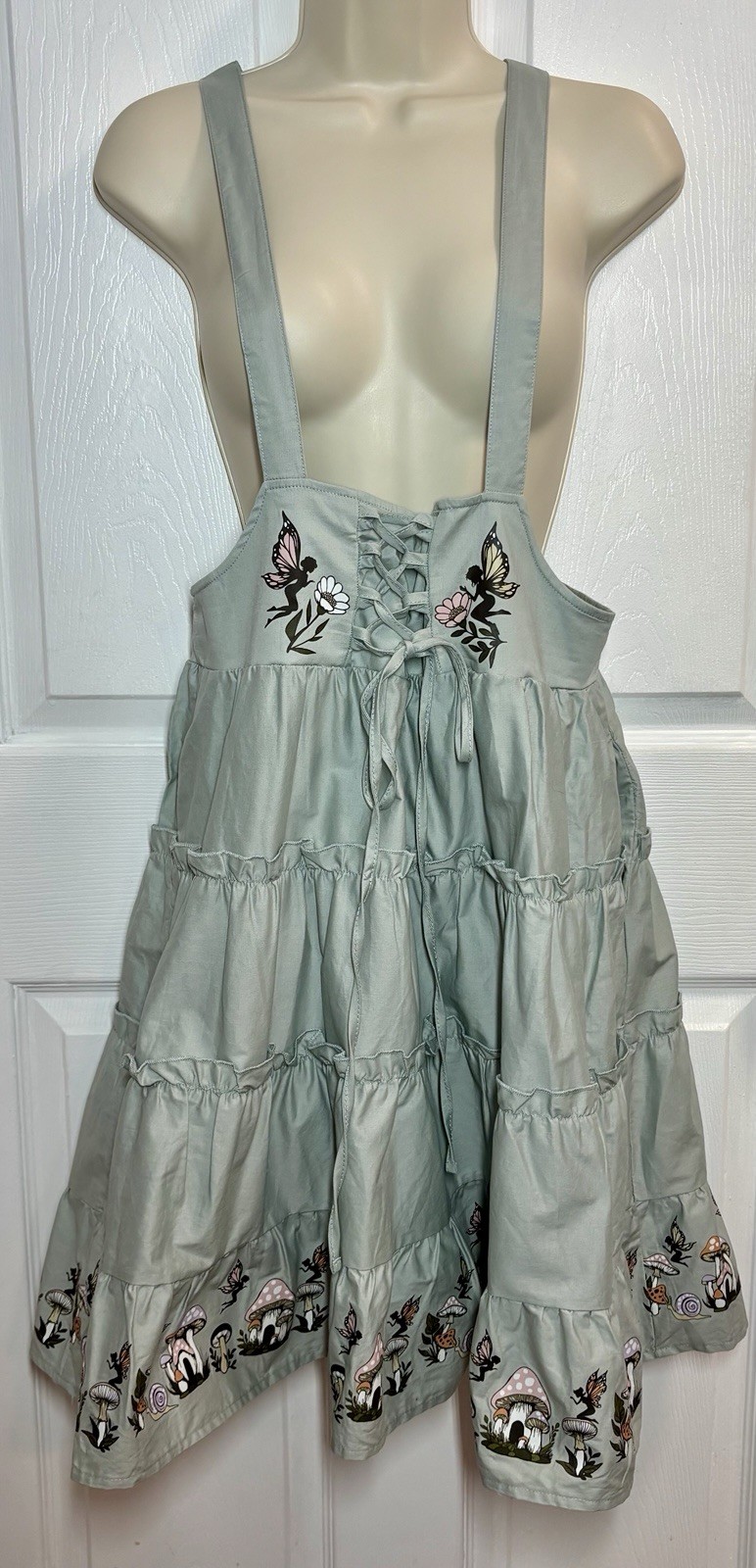 Hot Topic Bib Suspender Dress Skirt XL Green Mushrooms Fairies Snails Garden Art