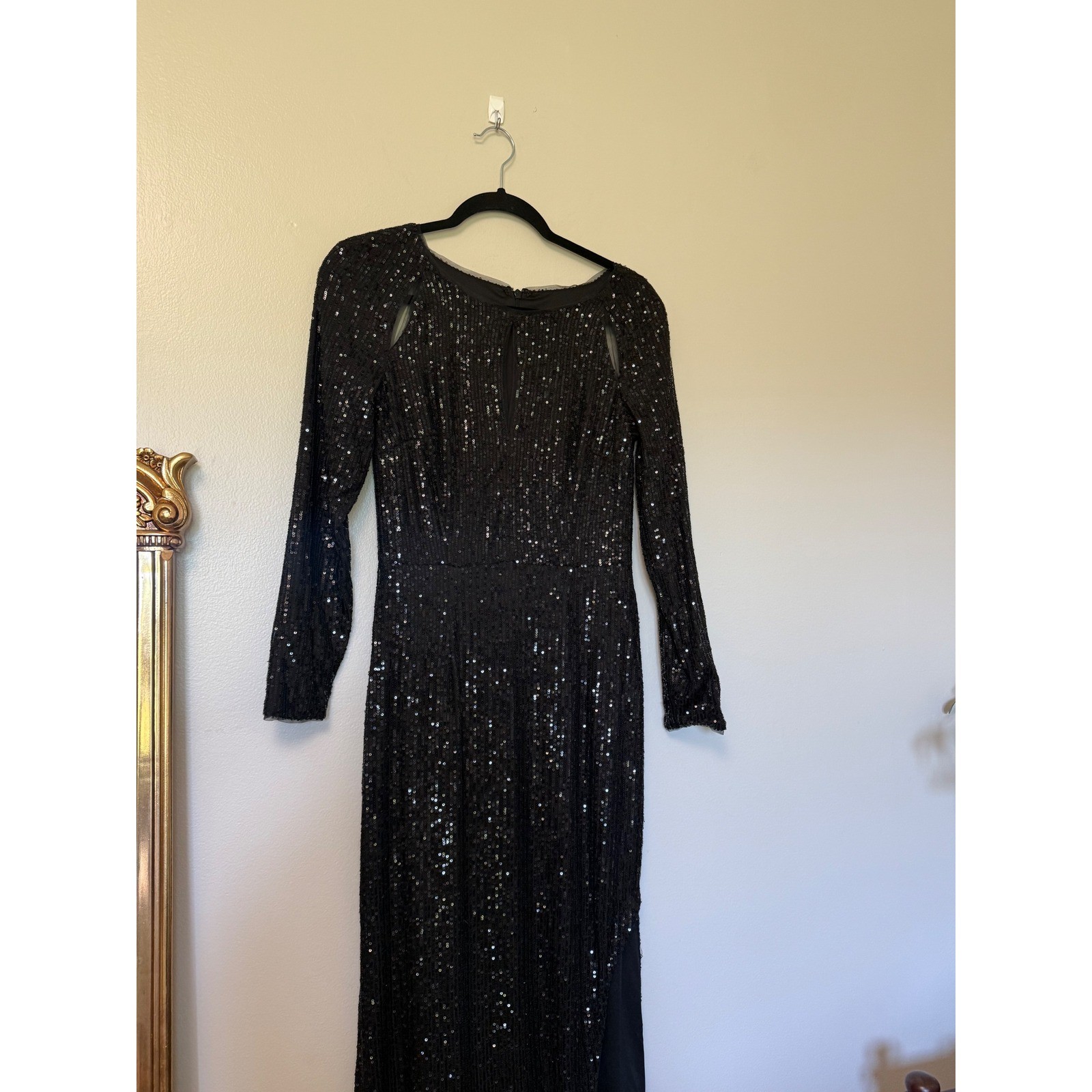 Black Sequin Long Sleeve Maxi Dress Shoulder Cut Out Side Slit Formal Gown