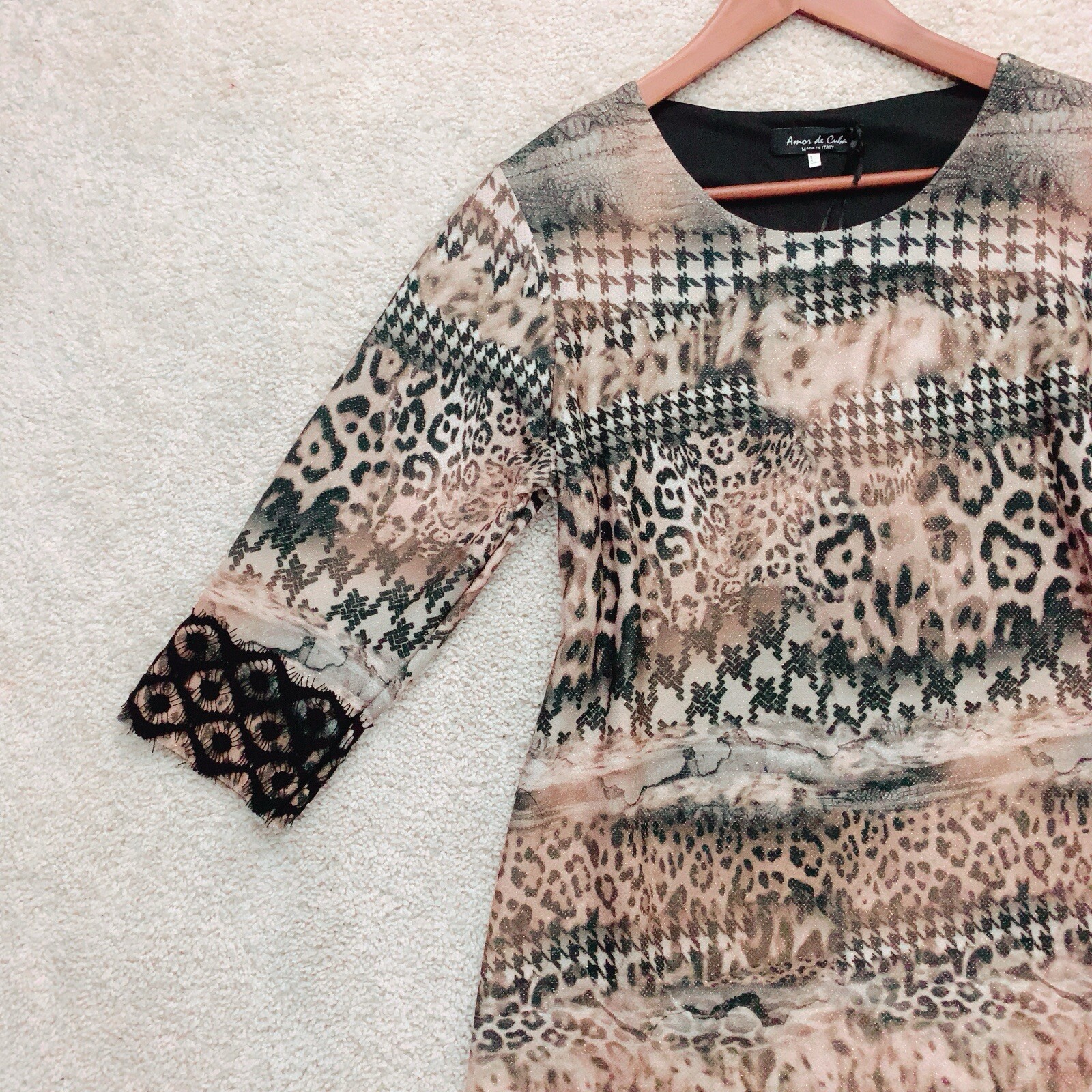 AMOR DE CUBA Black Brown Gold Metallic Lace Animal 3/4 Sleeve Dress L NWT
