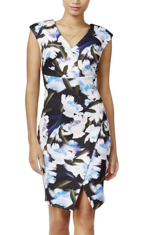 BAR III ‘Fiji’ ~ Black Blue Floral Scuba Faux Wrap Sheath Dress M NEW $79