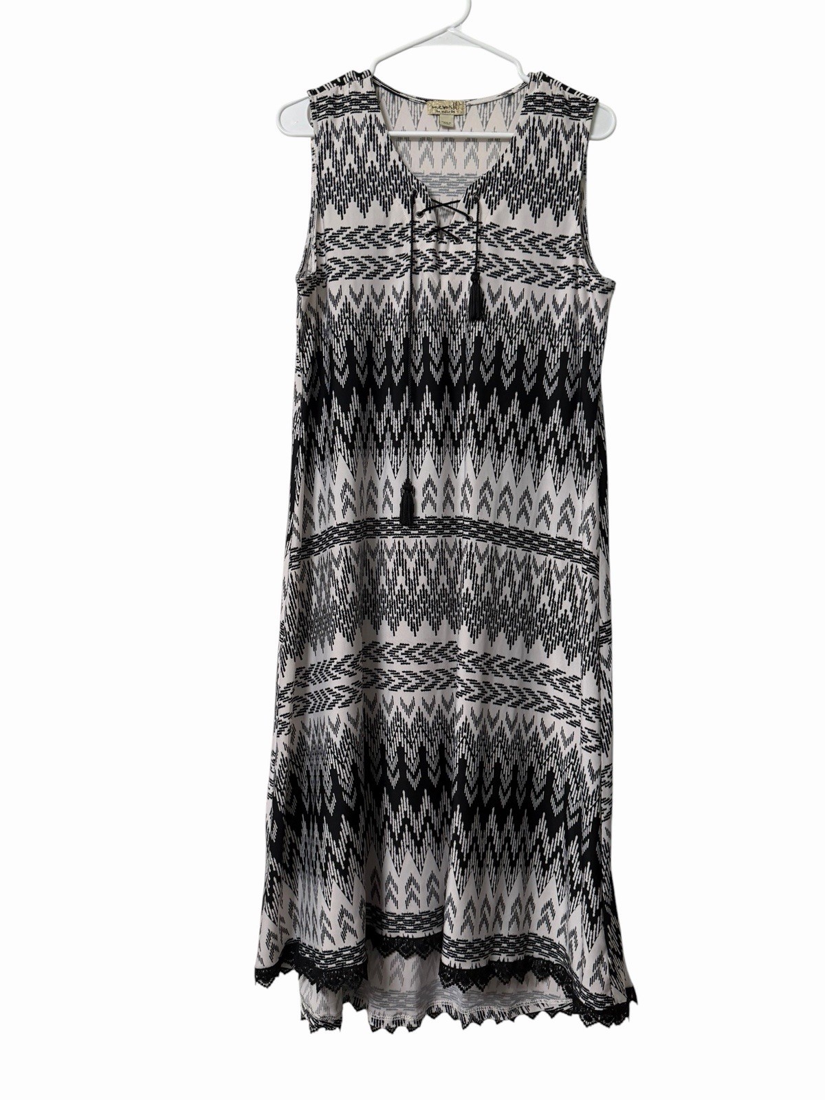 One World Tribal Print Sleeveless Maxi Dress Tassel Lace Hem Size Large