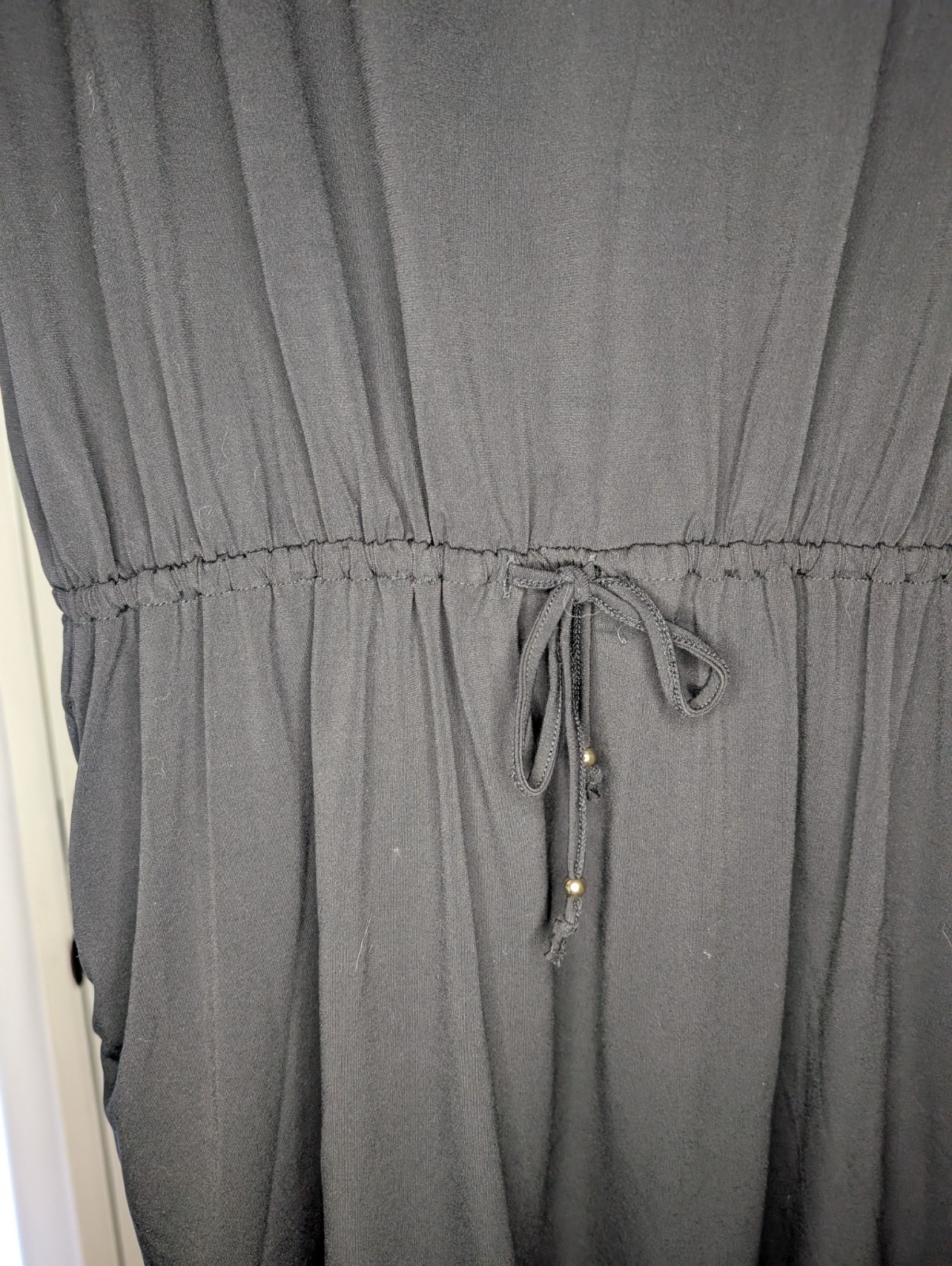 Halston Black Dress Size Large Cap Sleeve Gold Button Elastic Drawstring Waist